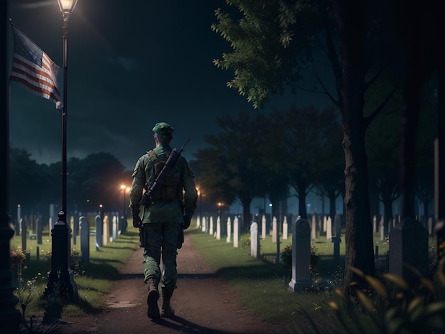 A soldier walks down a path in a cemetery at night.