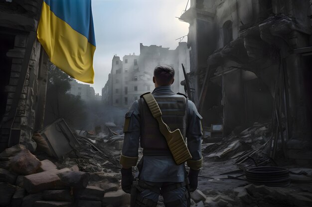군인이 파괴된 건물 사이로 폐허가 된 도시를 걷고 있습니다. 우크라이나 국기 Generative AI
