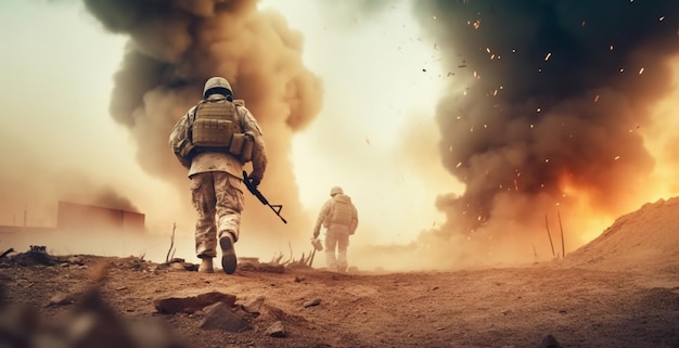 A soldier walks towards a burning cloud