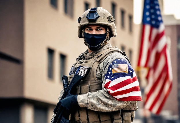 Photo a soldier wearing an army uniform with the american flag on his sleeve