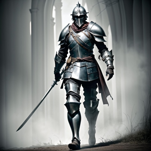 Photo soldier wearing full armor holding sword