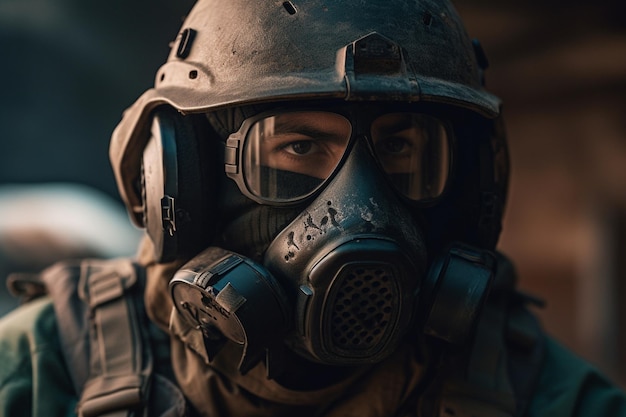 A soldier wearing a gas mask and a gas mask.