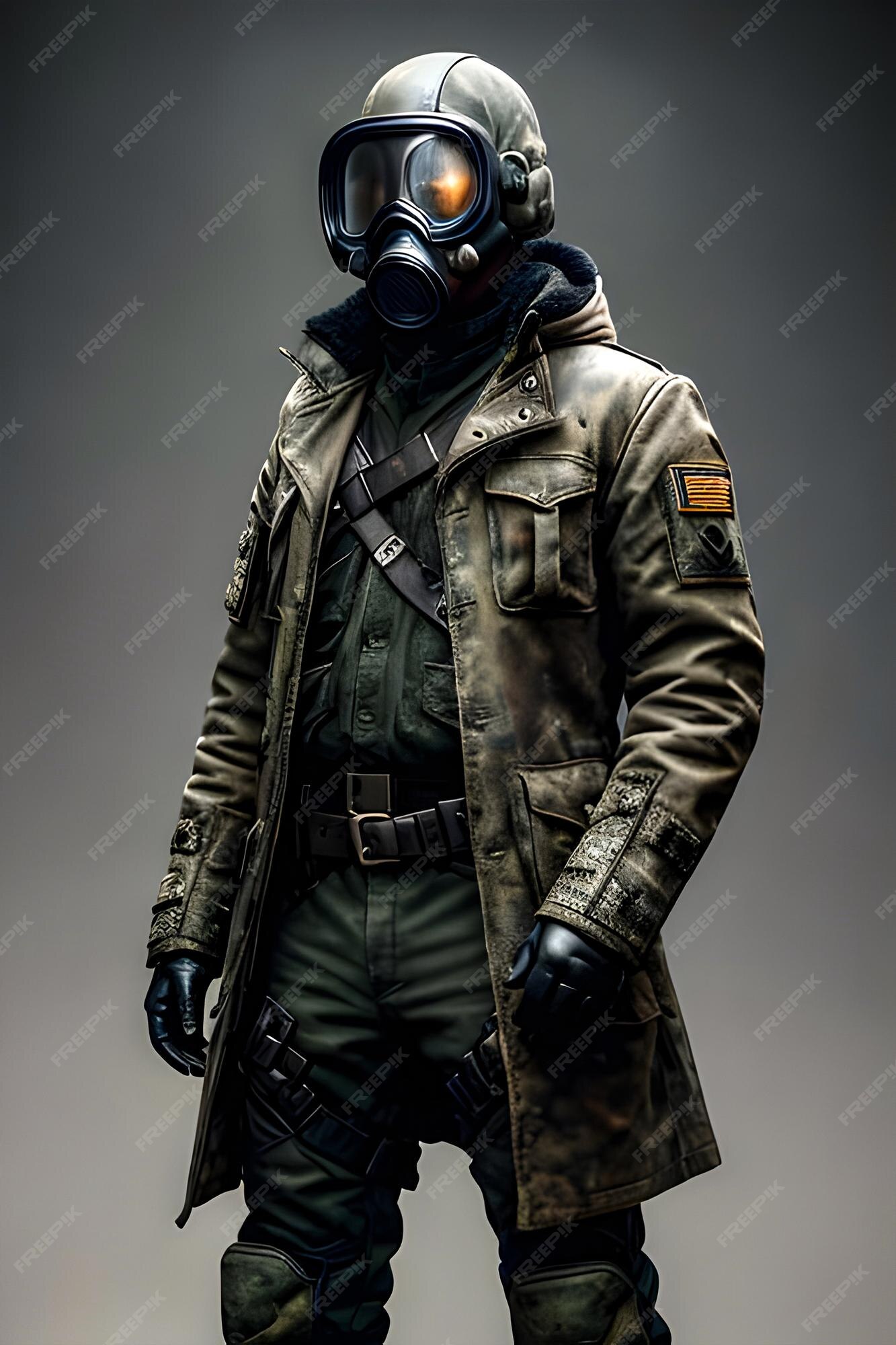 Premium Photo | A soldier wearing a gas mask and a jacket with the word 4 on it.