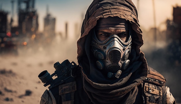 A soldier wearing a gas mask stands in front of a city skyline.