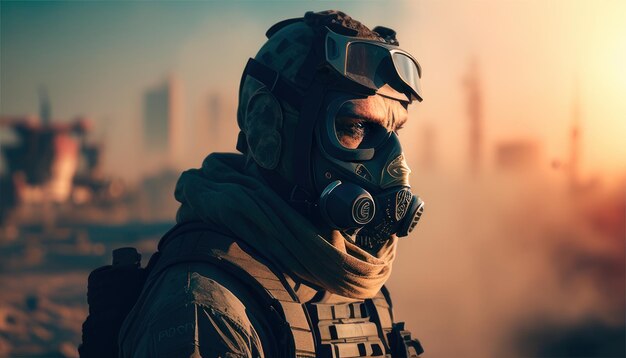 A soldier wearing a gas mask stands in front of a cityscape.