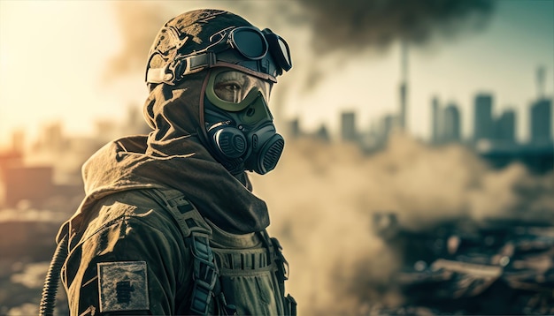 ガスマスクをかぶった兵士が、破壊された都市の前に立っています。