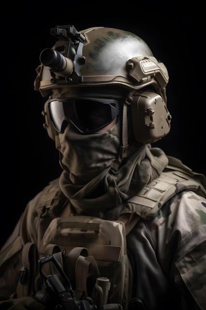 A soldier wearing a helmet and a camouflage mask stands in front of a black background.