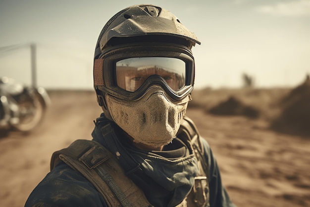 A soldier wearing a helmet and goggles in the desert.