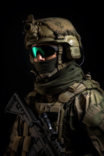 A soldier wearing a helmet and goggles with the word army on it