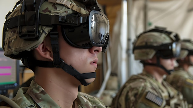 Foto un soldato che indossa un casco e occhiali da visione notturna guarda il campo di battaglia