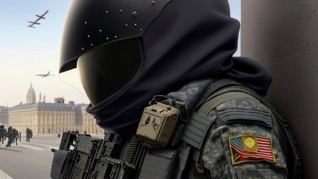 A soldier wearing a helmet and a vest with the word swat on it.