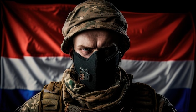 Photo a soldier wearing a mask with the word army on it