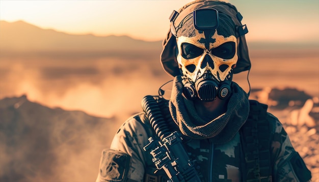Soldato che indossa una maschera a forma di teschio con sopra la scritta  esercito