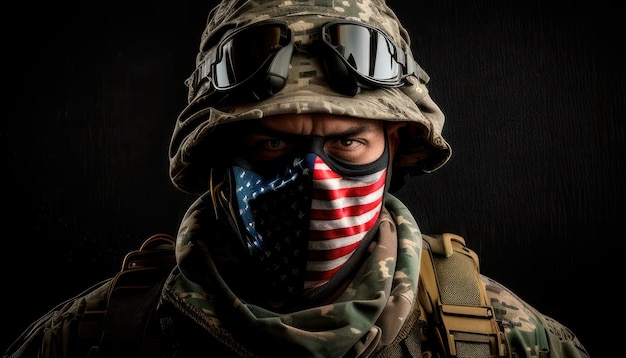 A soldier wearing a us flag face mask