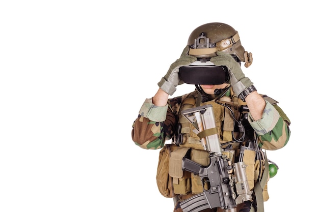 Soldier wearing virtual reality glasses