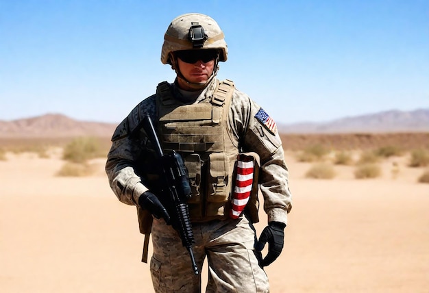 Photo a soldier with an american flag on his back holds a gun