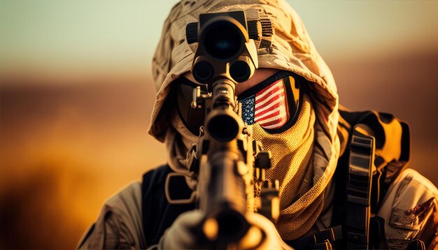 A soldier with the american flag on his face