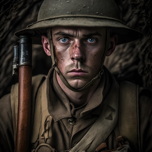 A soldier with blue eyes and a gun in his hand.