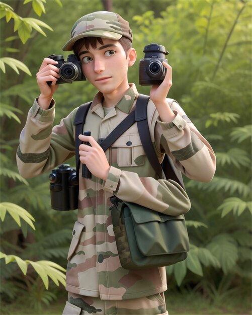 Photo a soldier with a camera and binoculars.