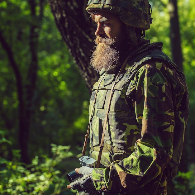 Soldier with camera in forest