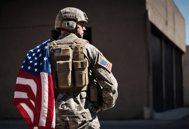 Photo a soldier with a flag on his back stands in front of a building