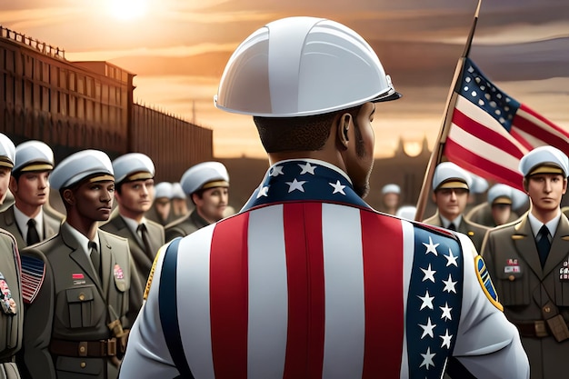 A soldier with a flag on his back stands in front of a group of soldiers.