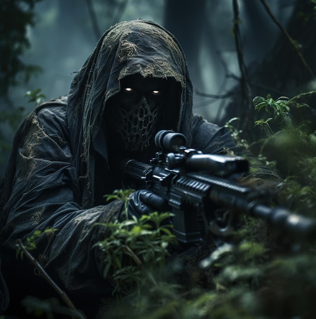 a soldier with a gun in the forest