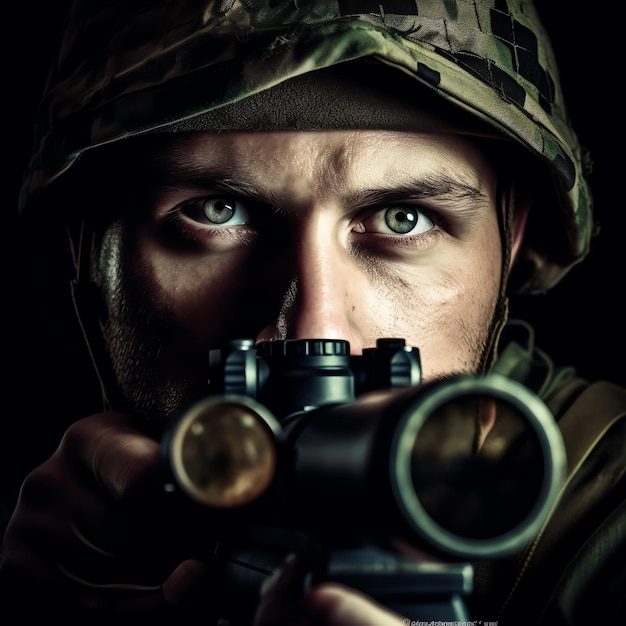 A soldier with a gun in his hand is looking at the camera.