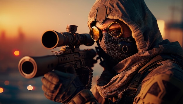 A soldier with a gun in his hands looks at the sunset.