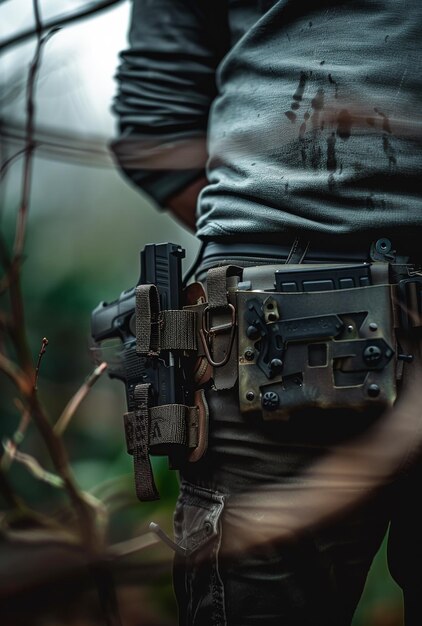 Photo soldier with gun and knife in his belt