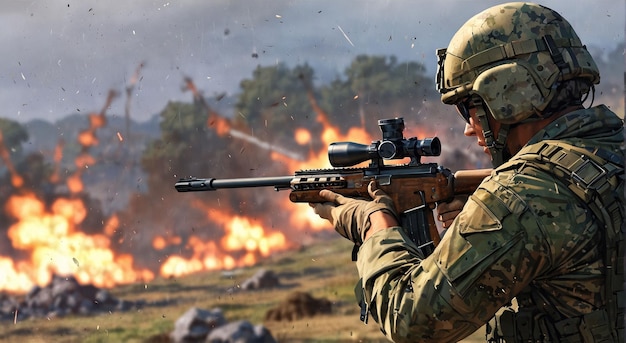 a soldier with a gun pointing at a fire in the background