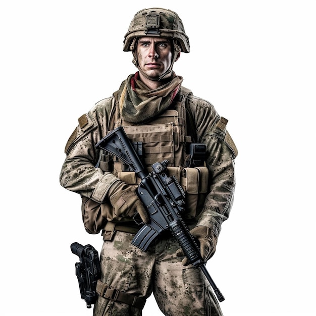 A soldier with a gun and a white background