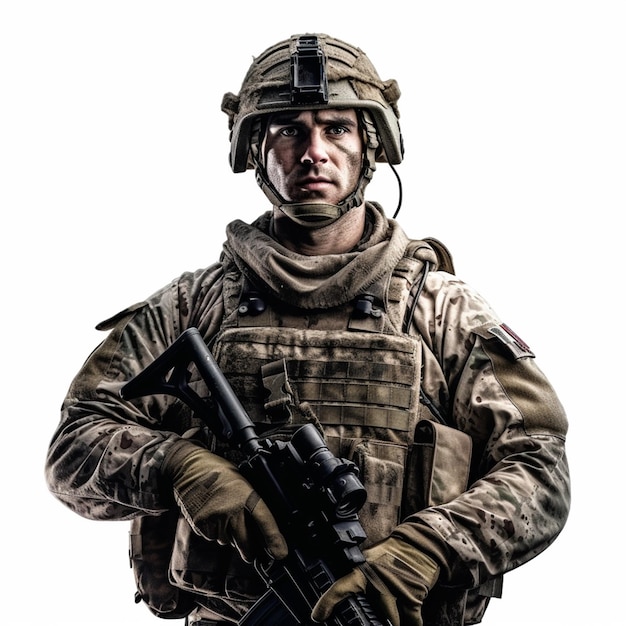 A soldier with a gun and a white background