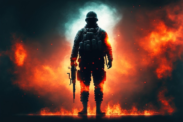 A soldier with his gun standing against fire background and looking at viewer Digital art style illustration painting