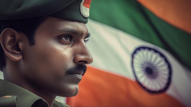 Photo soldier with indian flag greeting card for republic day independence day national celebration generative ai