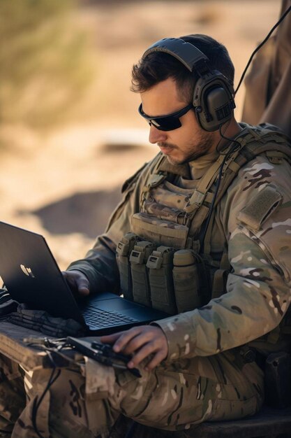 Photo a soldier with a laptop and the words  t  on his face