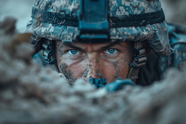 A soldier with a machine gun in a trench in a combat position during a combat mission