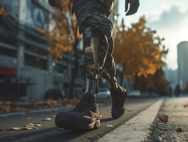 soldier with a prosthetic leg in the city Closeup