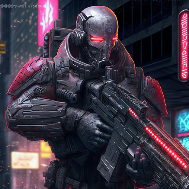 A soldier with red eyes and a neon sign that says'cyberpunk'on it