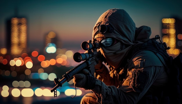 A soldier with a rifle in his hands is sitting on a rooftop.