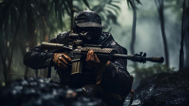 Photo a soldier with a rifle in the jungle