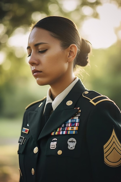 Foto soldato con il concetto di foto di celebrazione del giorno dei memoriali americani della faccia triste