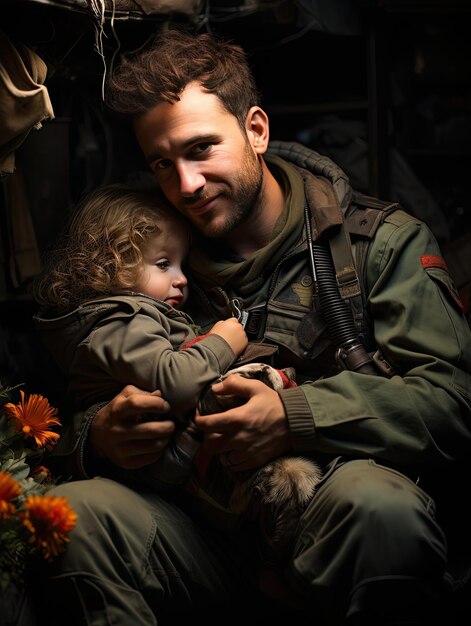 Photo soldier with saved baby on his hands