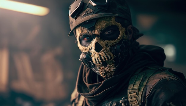 A soldier with a skull mask and a mask