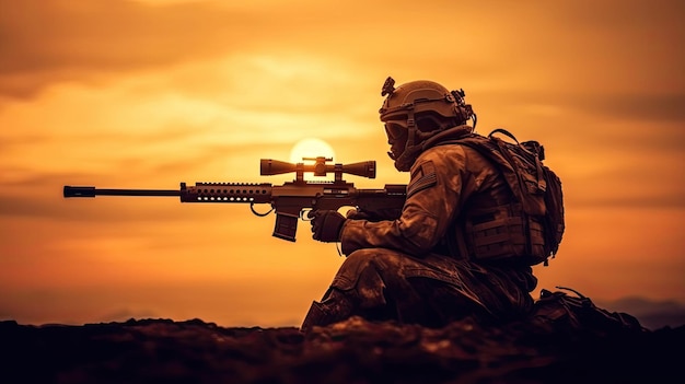 Soldier with sniper rifle from a rifle with an optical sight On the Sunset