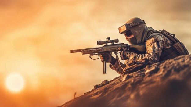 Soldier with sniper rifle from a rifle with an optical sight On the Sunset