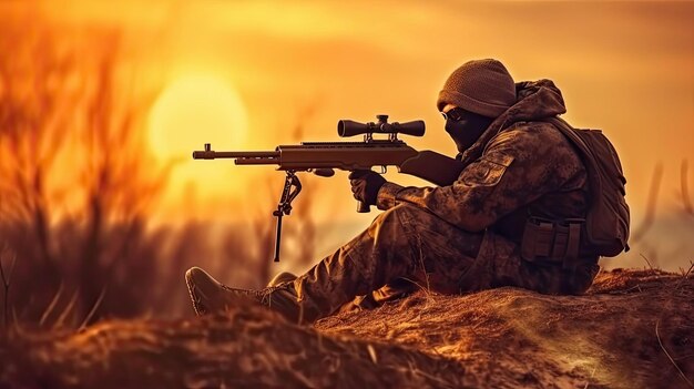 Soldier with sniper rifle from a rifle with an optical sight On the Sunset