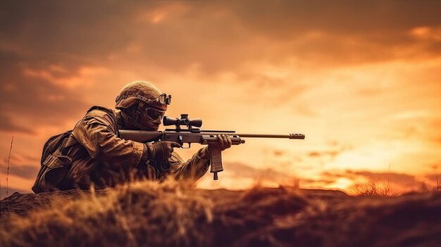 Soldier with sniper rifle from a rifle with an optical sight On the Sunset