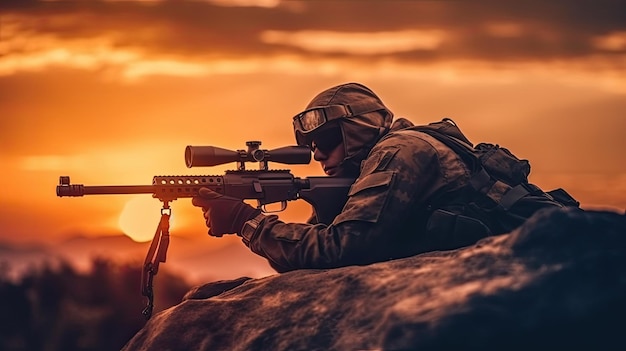 狙撃ライフルを持った兵士は光学的な視野を持つライフルから日没時に