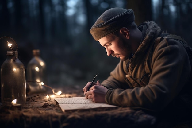 A soldier writing a letter to a loved one from the battlefield bokeh Generative AI